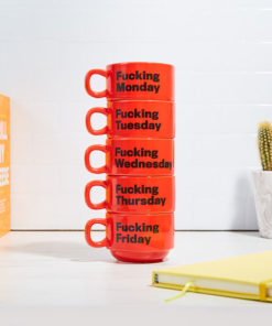 This tower of Fucking Weekday mugs has a coffee receptacle for every day of the week, except for the weekend.